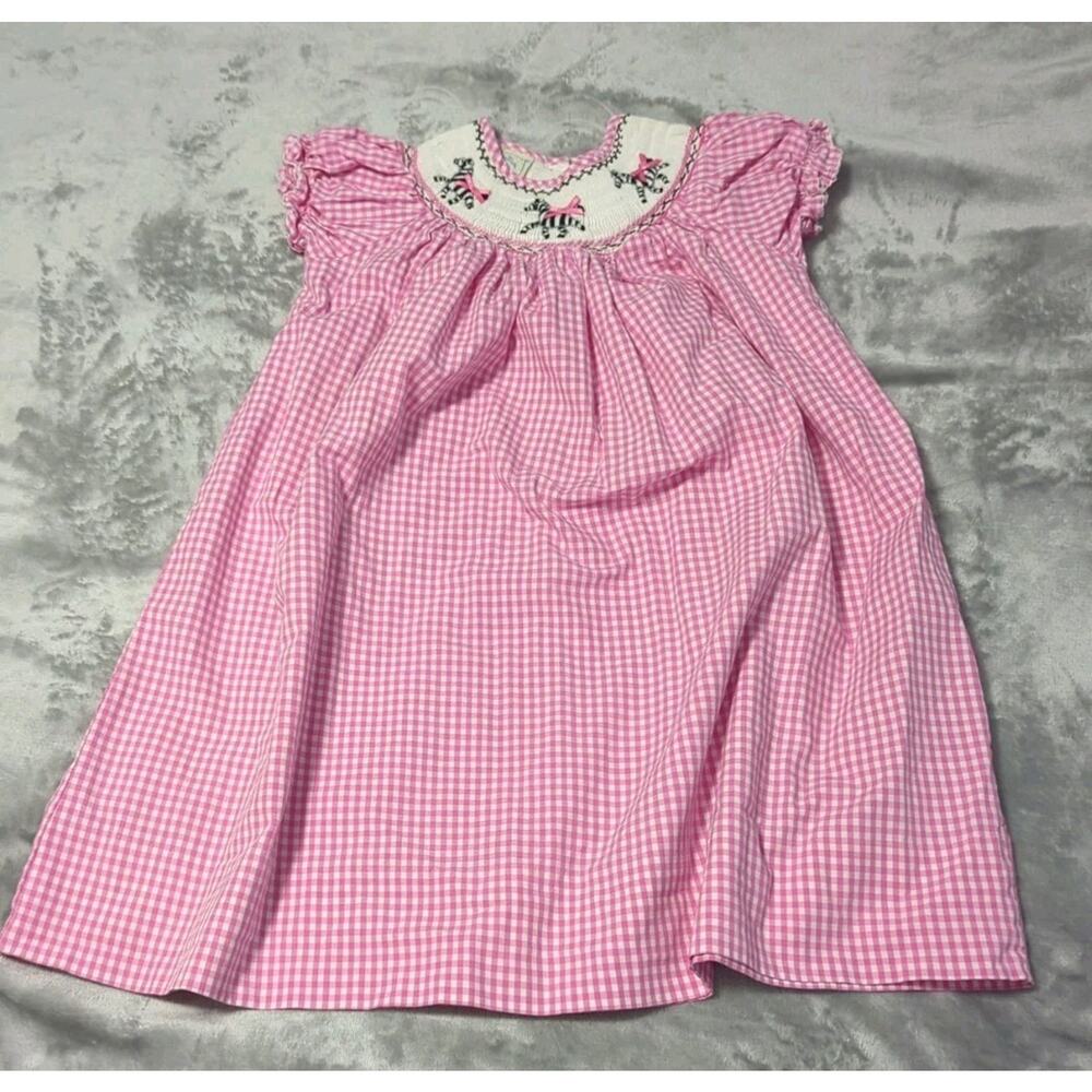 Marmellata Pink Gingham Short Sleeve Zebra Smocked Dress Sz 4T